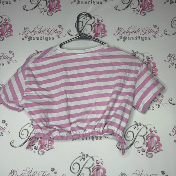 Zara tshirt tee cropped top crop pink white stripe with tie bottom ribbons π - Picture 2 of 9
